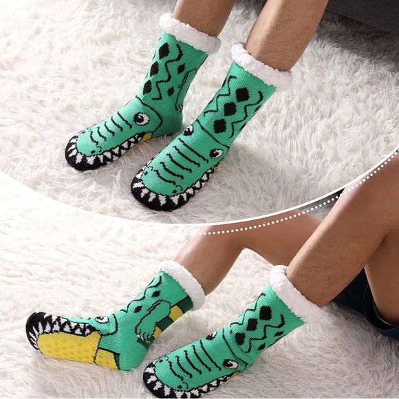 Crocodile Slipper Socks Soft Cozy Fuzzy Fleece Lined Winter Non Slip Mens 6-12 - Picture 2 of 6